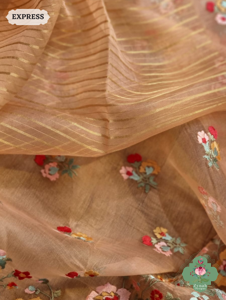 Zynah Organza Silk Sarees With Gold Stripes, Floral Embroidery & Crochet Lace; Custom Stitched/Ready-made Blouse, Fall, Petticoat; SKU: 1807202402