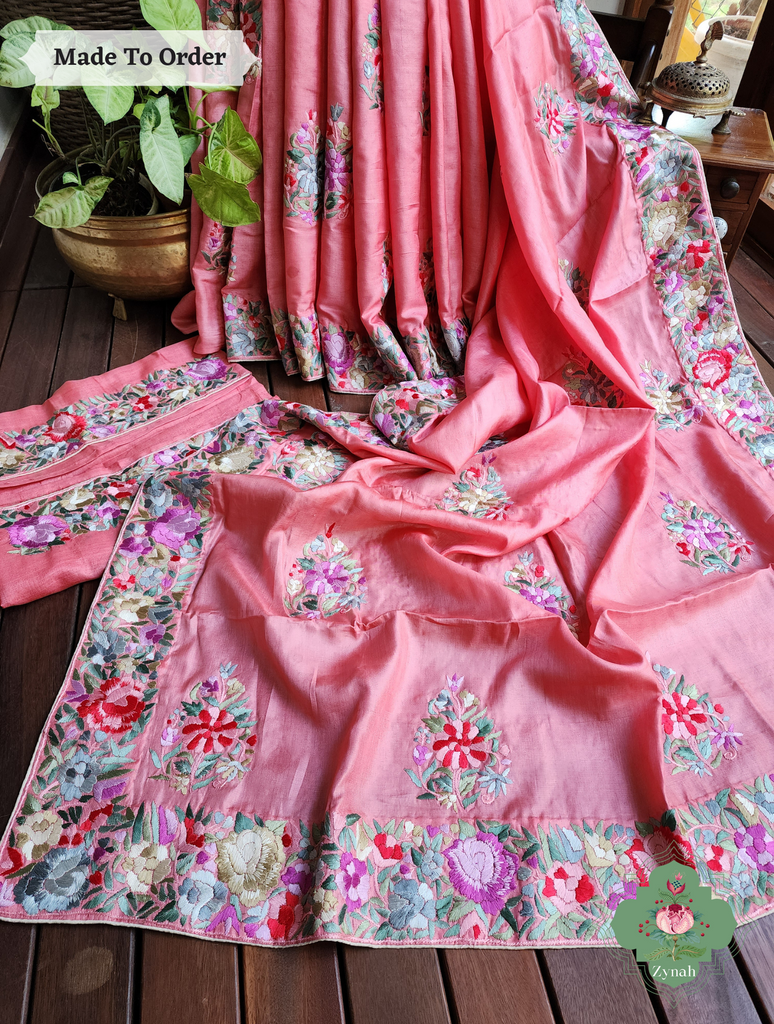 Zynah Made To Order Authentic Peach Tussar Hand Embroidered Parsi Gara Saree With Wide Border & Big Butis; Custom Stitched/Ready-made Blouse, Fall, Petticoat; SKU: 1806202301
