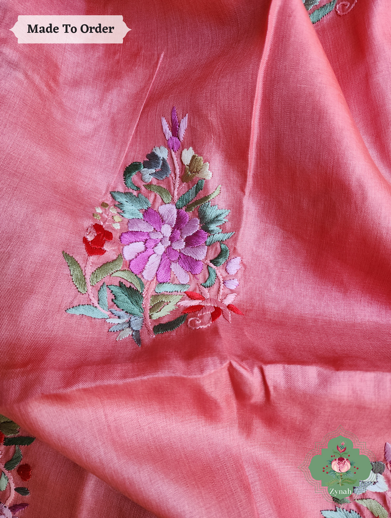 Zynah Made To Order Authentic Peach Tussar Hand Embroidered Parsi Gara Saree With Wide Border & Big Butis; Custom Stitched/Ready-made Blouse, Fall, Petticoat; SKU: 1806202301