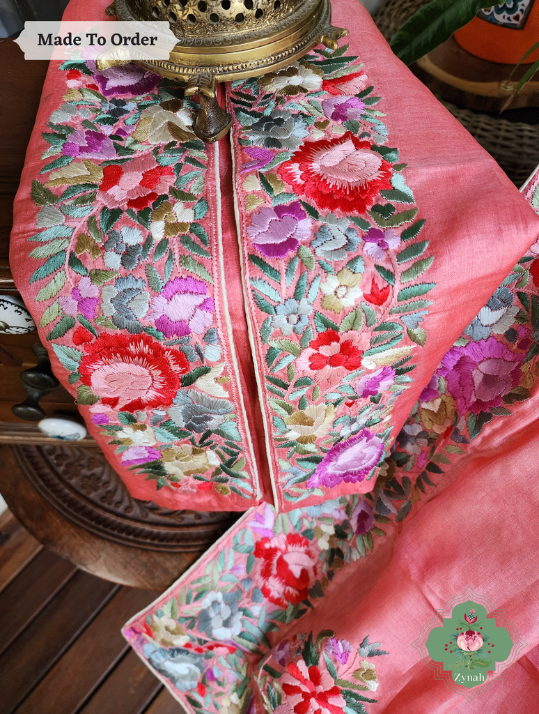 Zynah Made To Order Authentic Peach Tussar Hand Embroidered Parsi Gara Saree With Wide Border & Big Butis; Custom Stitched/Ready-made Blouse, Fall, Petticoat; SKU: 1806202301