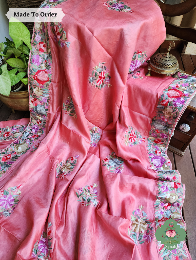 Zynah Made To Order Authentic Peach Tussar Hand Embroidered Parsi Gara Saree With Wide Border & Big Butis; Custom Stitched/Ready-made Blouse, Fall, Petticoat; SKU: 1806202301