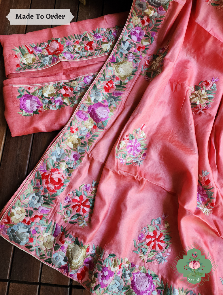 Zynah Made To Order Authentic Peach Tussar Hand Embroidered Parsi Gara Saree With Wide Border & Big Butis; Custom Stitched/Ready-made Blouse, Fall, Petticoat; SKU: 1806202301