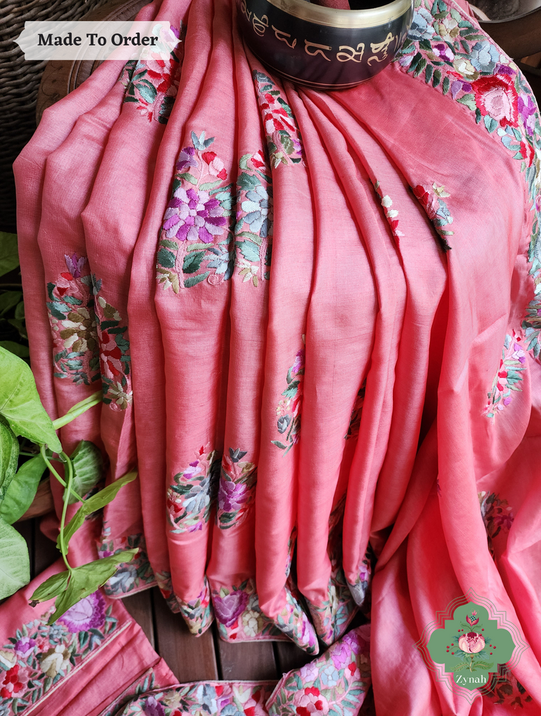 Zynah Made To Order Authentic Peach Tussar Hand Embroidered Parsi Gara Saree With Wide Border & Big Butis; Custom Stitched/Ready-made Blouse, Fall, Petticoat; SKU: 1806202301