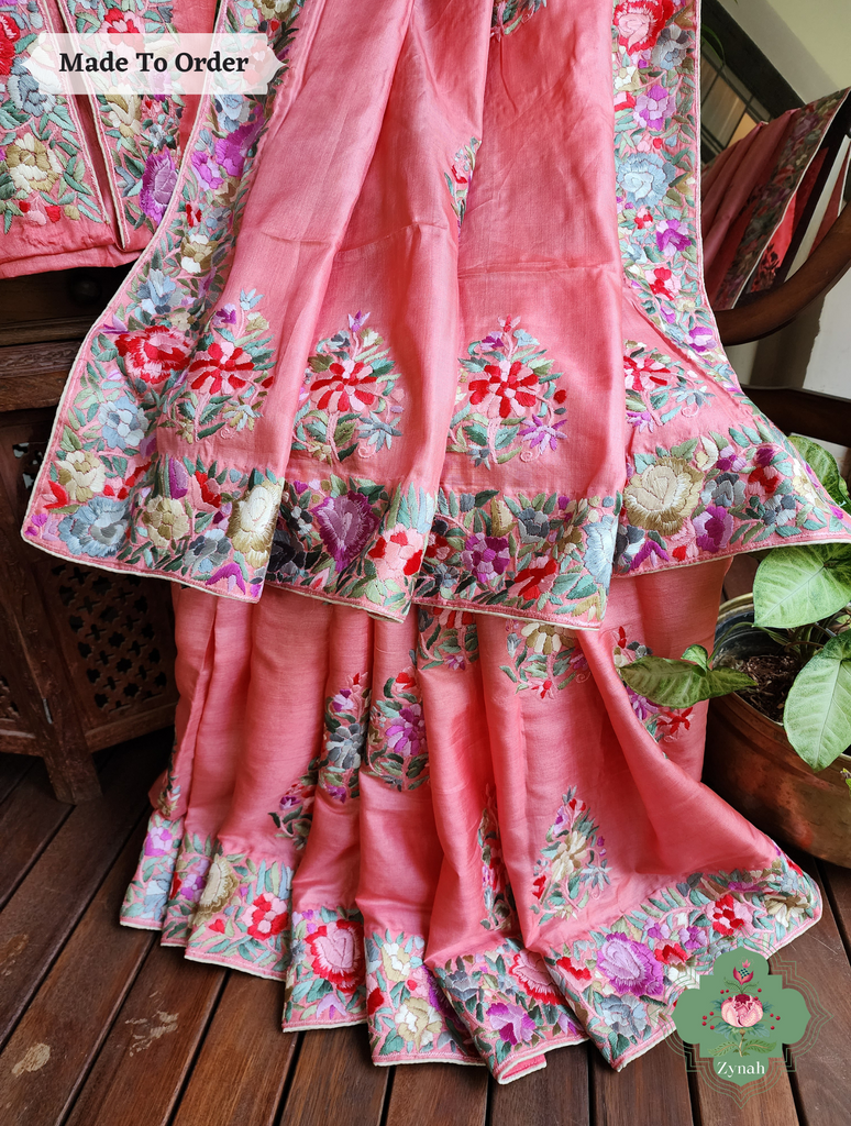 Zynah Made To Order Authentic Peach Tussar Hand Embroidered Parsi Gara Saree With Wide Border & Big Butis; Custom Stitched/Ready-made Blouse, Fall, Petticoat; SKU: 1806202301
