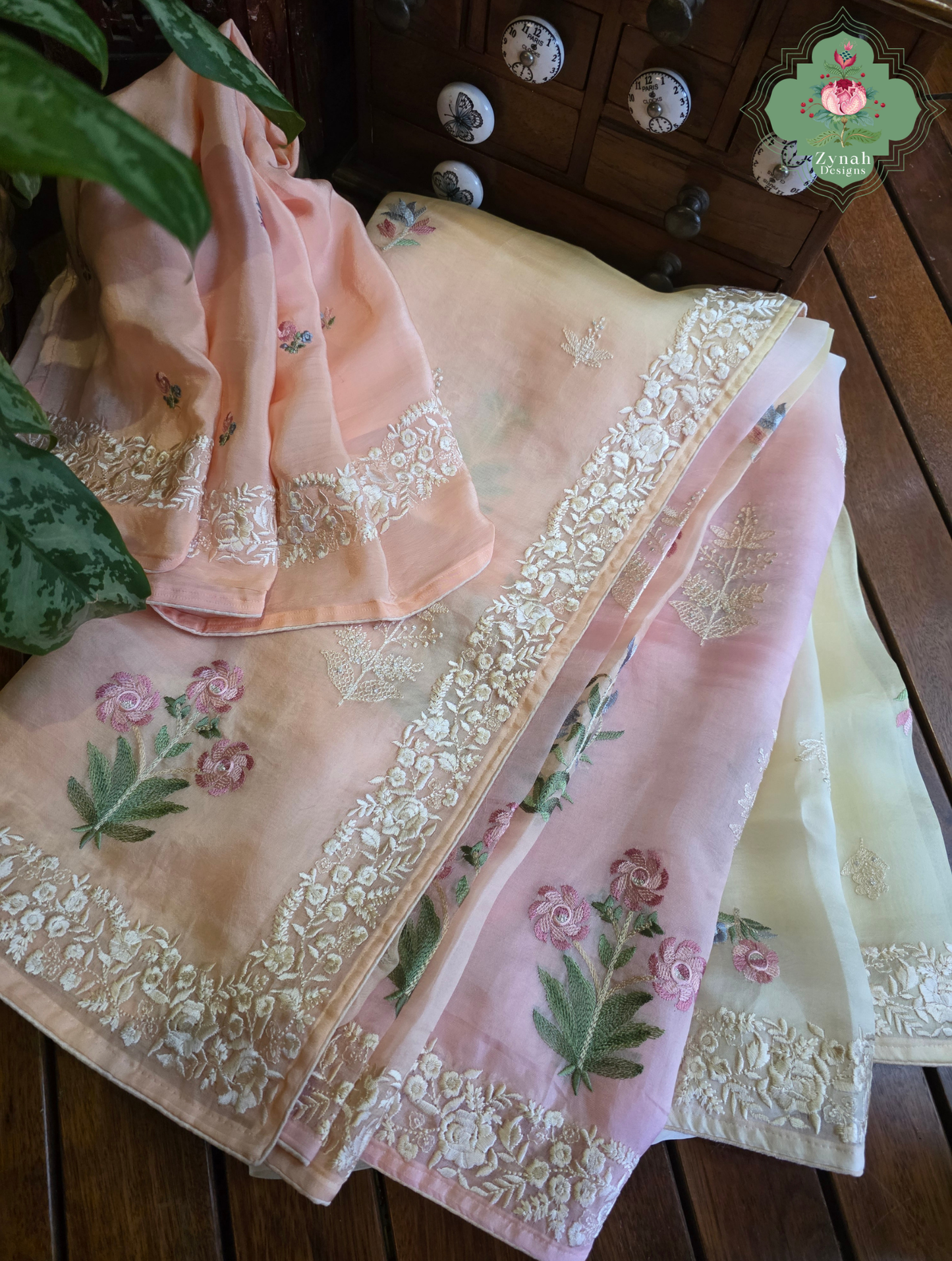 Nazm Peach & Yellow Ombre Organza Silk Saree With Floral Embroidery