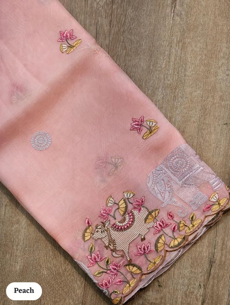 Zynah Pure Organza Silk Sarees With Elephant Pichwai Embroidery & Scallop Border; Custom Stitched/Ready-made Blouse, Fall, Petticoat; SKU: 0401202410