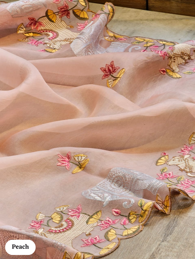 Zynah Pure Organza Silk Sarees With Elephant Pichwai Embroidery & Scallop Border; Custom Stitched/Ready-made Blouse, Fall, Petticoat; SKU: 0401202410