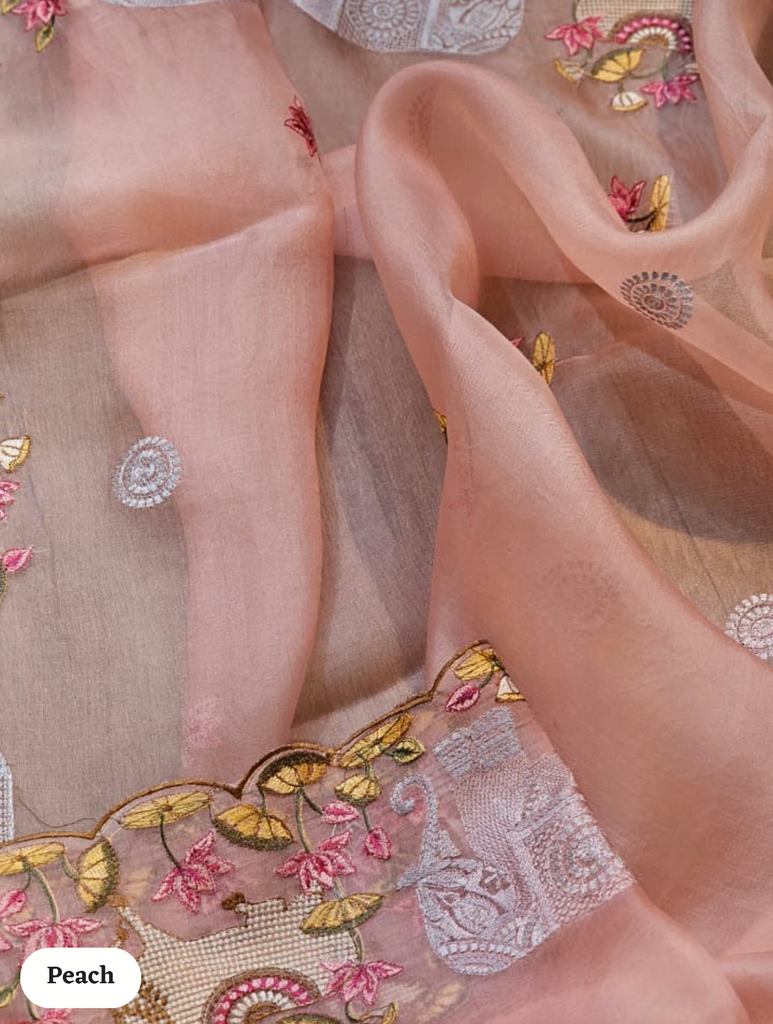 Zynah Pure Organza Silk Sarees With Elephant Pichwai Embroidery & Scallop Border; Custom Stitched/Ready-made Blouse, Fall, Petticoat; SKU: 0401202410