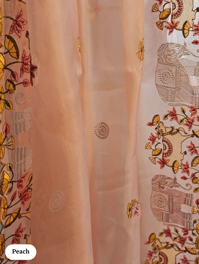 Zynah Pure Organza Silk Sarees With Elephant Pichwai Embroidery & Scallop Border; Custom Stitched/Ready-made Blouse, Fall, Petticoat; SKU: 0401202410