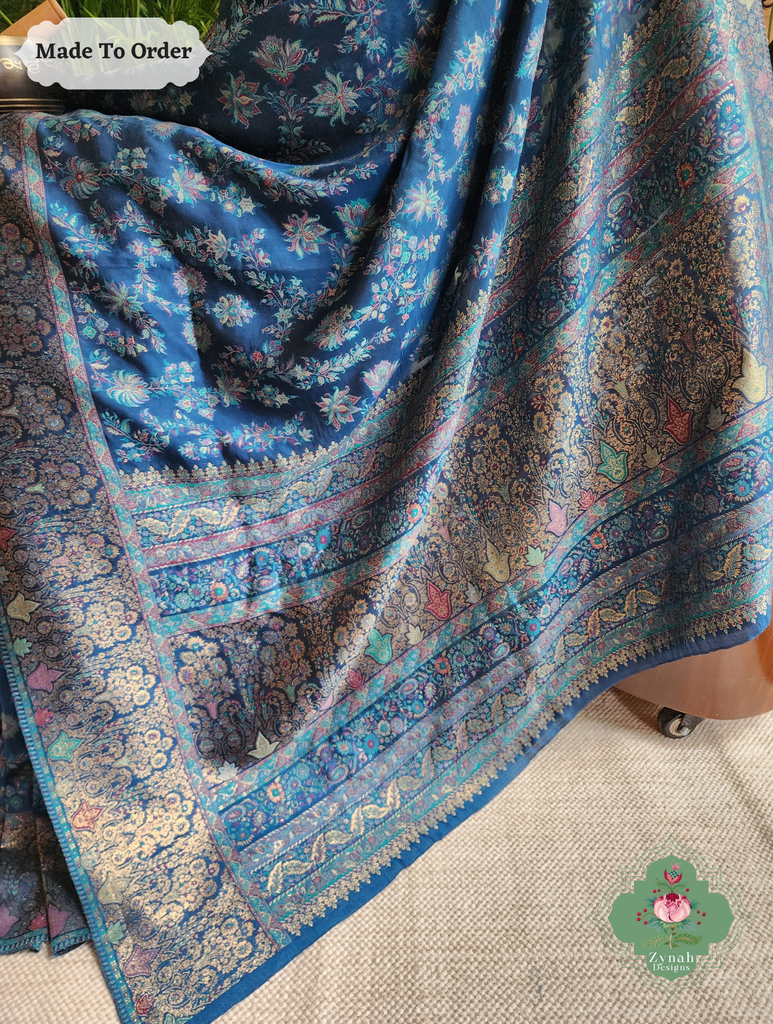 Zynah Made To Order Peacock Blue Handwoven Kashmiri Pure Kani Silk Jamavar Saree; Custom Stitched/Ready-made Blouse, Fall, Petticoat; SKU: 0110202501