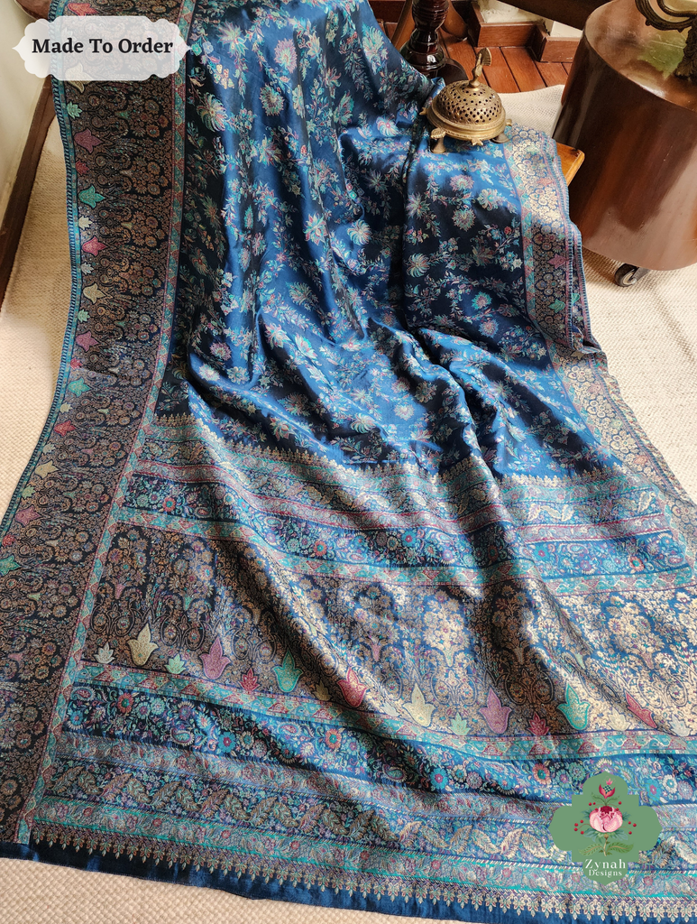 Zynah Made To Order Peacock Blue Handwoven Kashmiri Pure Kani Silk Jamavar Saree; Custom Stitched/Ready-made Blouse, Fall, Petticoat; SKU: 0110202501