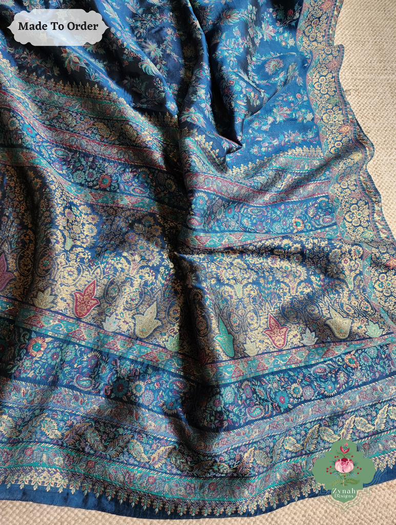 Zynah Made To Order Peacock Blue Handwoven Kashmiri Pure Kani Silk Jamavar Saree; Custom Stitched/Ready-made Blouse, Fall, Petticoat; SKU: 0110202501