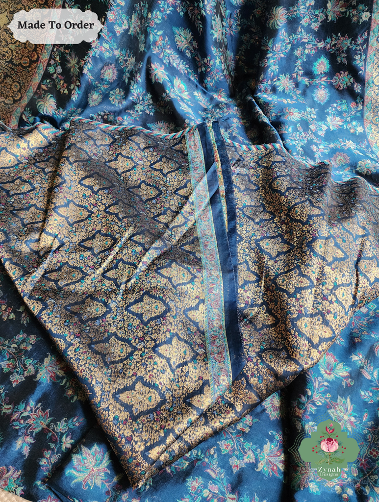 Zynah Made To Order Peacock Blue Handwoven Kashmiri Pure Kani Silk Jamavar Saree; Custom Stitched/Ready-made Blouse, Fall, Petticoat; SKU: 0110202501