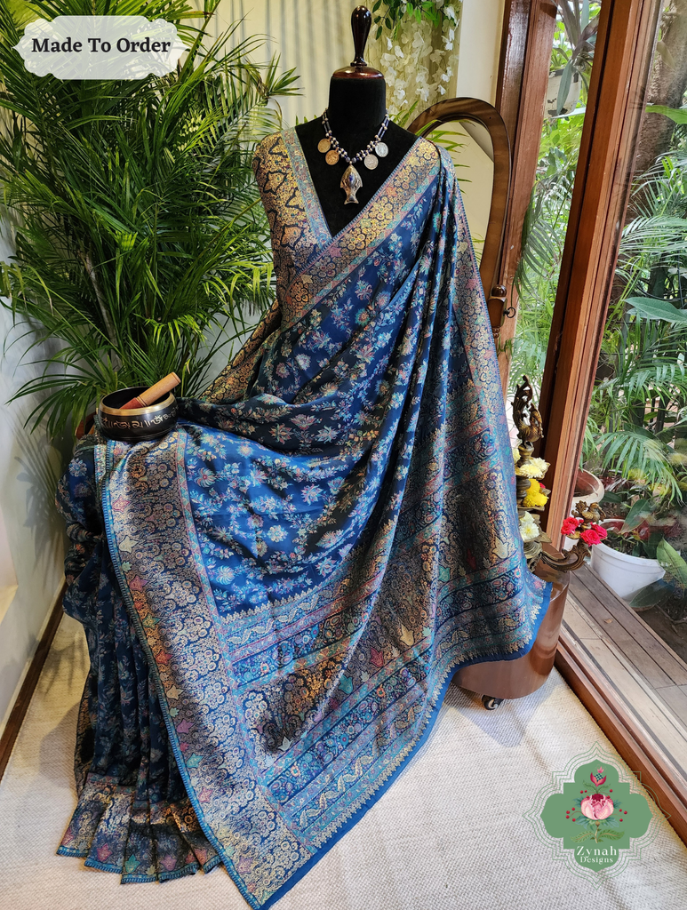 Zynah Made To Order Peacock Blue Handwoven Kashmiri Pure Kani Silk Jamavar Saree; Custom Stitched/Ready-made Blouse, Fall, Petticoat; SKU: 0110202501