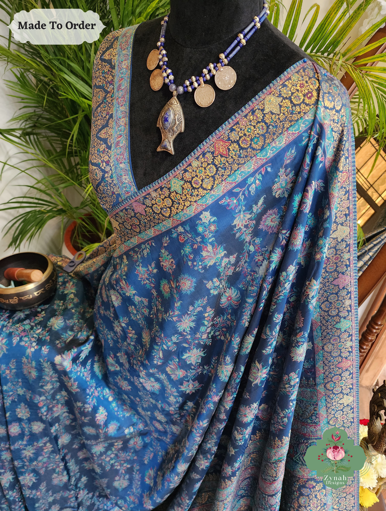 Zynah Made To Order Peacock Blue Handwoven Kashmiri Pure Kani Silk Jamavar Saree; Custom Stitched/Ready-made Blouse, Fall, Petticoat; SKU: 0110202501