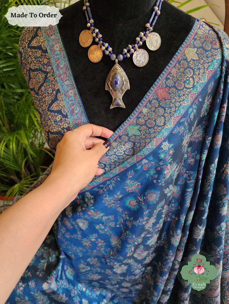 Zynah Made To Order Peacock Blue Handwoven Kashmiri Pure Kani Silk Jamavar Saree; Custom Stitched/Ready-made Blouse, Fall, Petticoat; SKU: 0110202501