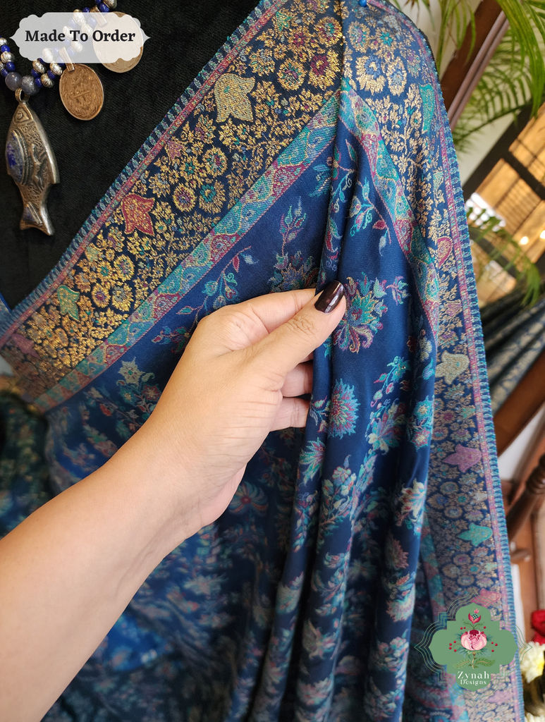 Zynah Made To Order Peacock Blue Handwoven Kashmiri Pure Kani Silk Jamavar Saree; Custom Stitched/Ready-made Blouse, Fall, Petticoat; SKU: 0110202501