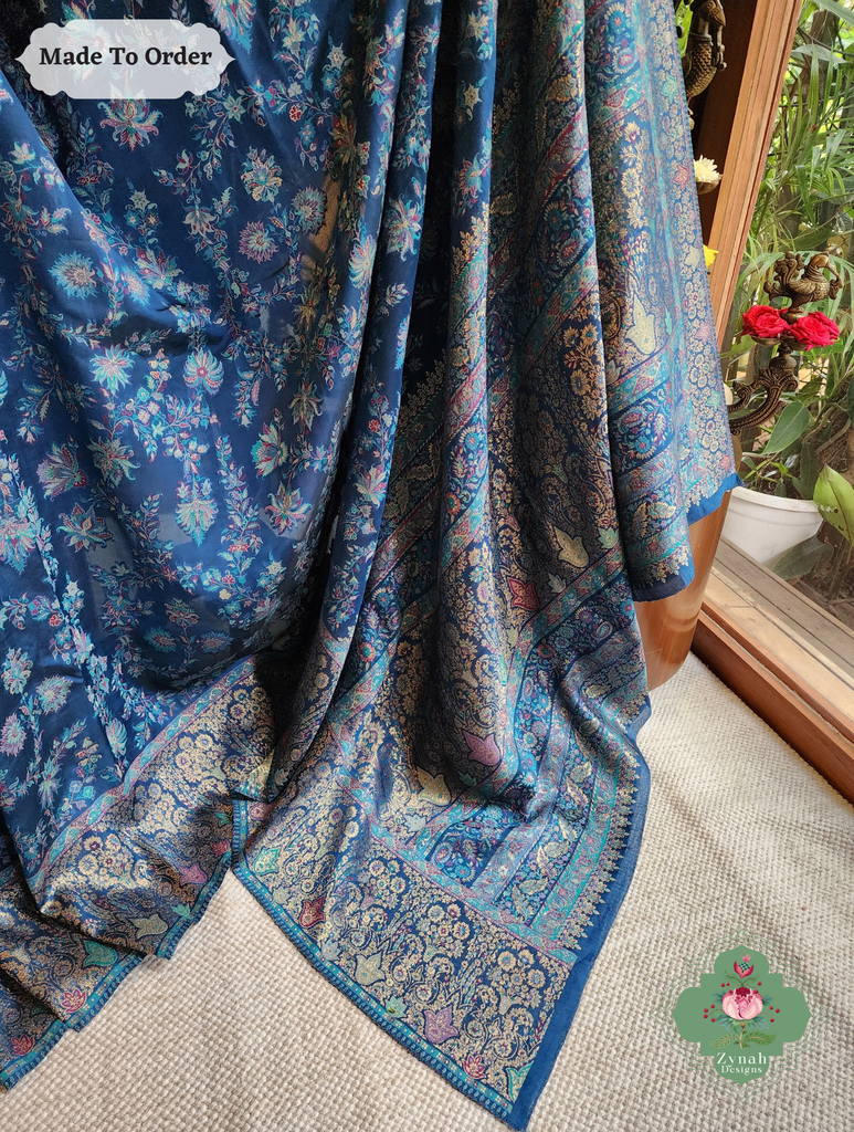 Zynah Made To Order Peacock Blue Handwoven Kashmiri Pure Kani Silk Jamavar Saree; Custom Stitched/Ready-made Blouse, Fall, Petticoat; SKU: 0110202501