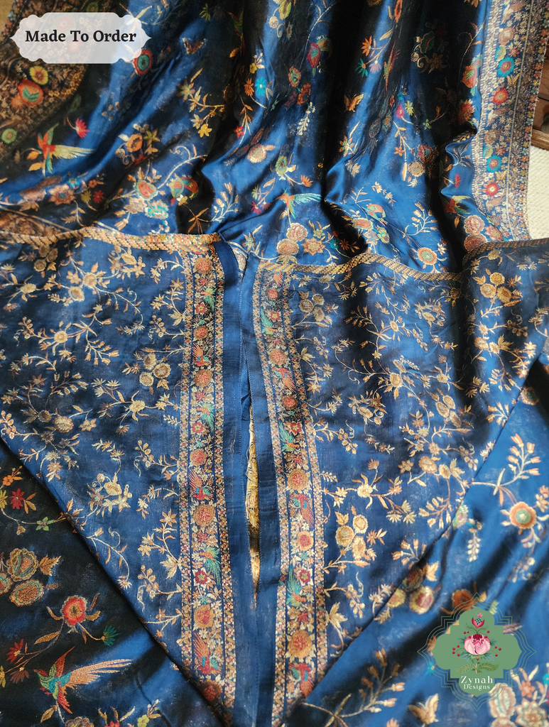Zynah Made To Order Peacock Blue Handwoven Kashmiri Pure Kani Silk Jamavar Saree; Custom Stitched/Ready-made Blouse, Fall, Petticoat; SKU: 0110202502