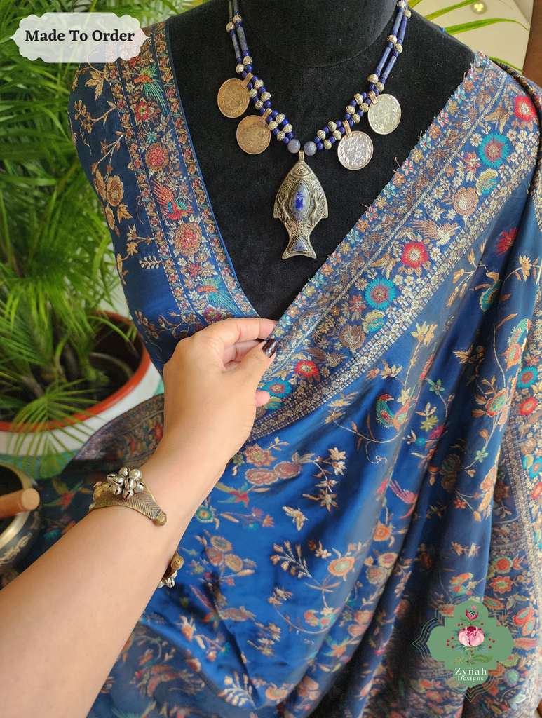 Zynah Made To Order Peacock Blue Handwoven Kashmiri Pure Kani Silk Jamavar Saree; Custom Stitched/Ready-made Blouse, Fall, Petticoat; SKU: 0110202502