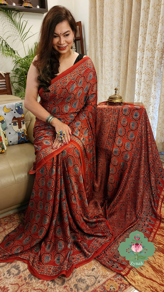 Zynah Madder Red Modal Silk Lotus Blocks Ajrakh Saree With Zari Lagdi Patta on Pallu; Custom Stitched/Ready-made Blouse, Fall, Petticoat; SKU:1701202301