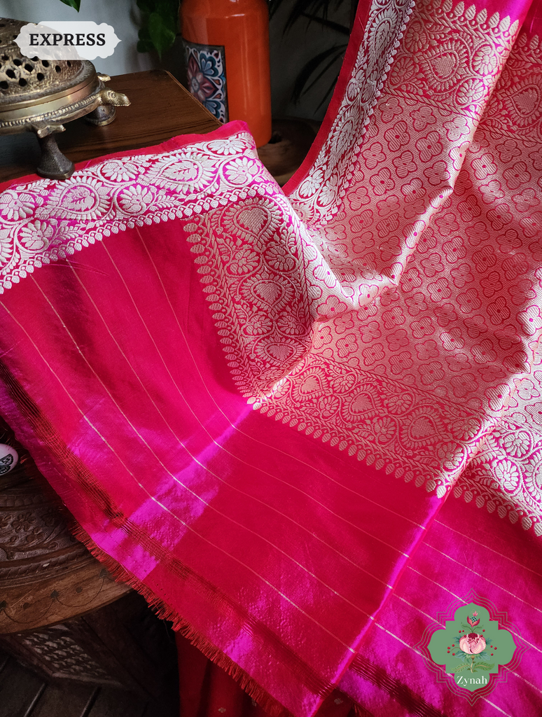 Zynah Pink Pure Banarasi Katan Silk Saree With Delicate Butis; Custom Stitched/Ready-made Blouse, Fall, Petticoat; SKU: 1507202303