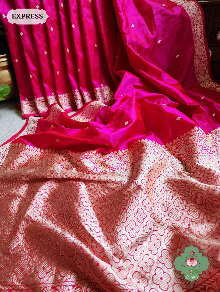 Zynah Pink Pure Banarasi Katan Silk Saree With Delicate Butis; Custom Stitched/Ready-made Blouse, Fall, Petticoat; SKU: 1507202303