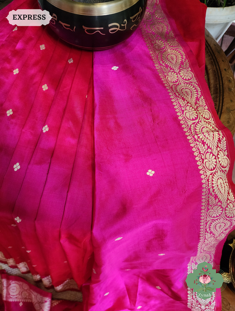 Zynah Pink Pure Banarasi Katan Silk Saree With Delicate Butis; Custom Stitched/Ready-made Blouse, Fall, Petticoat; SKU: 1507202303