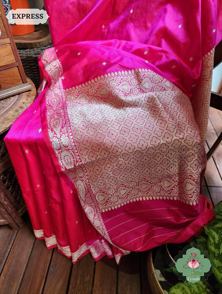 Zynah Pink Pure Banarasi Katan Silk Saree With Delicate Butis; Custom Stitched/Ready-made Blouse, Fall, Petticoat; SKU: 1507202303