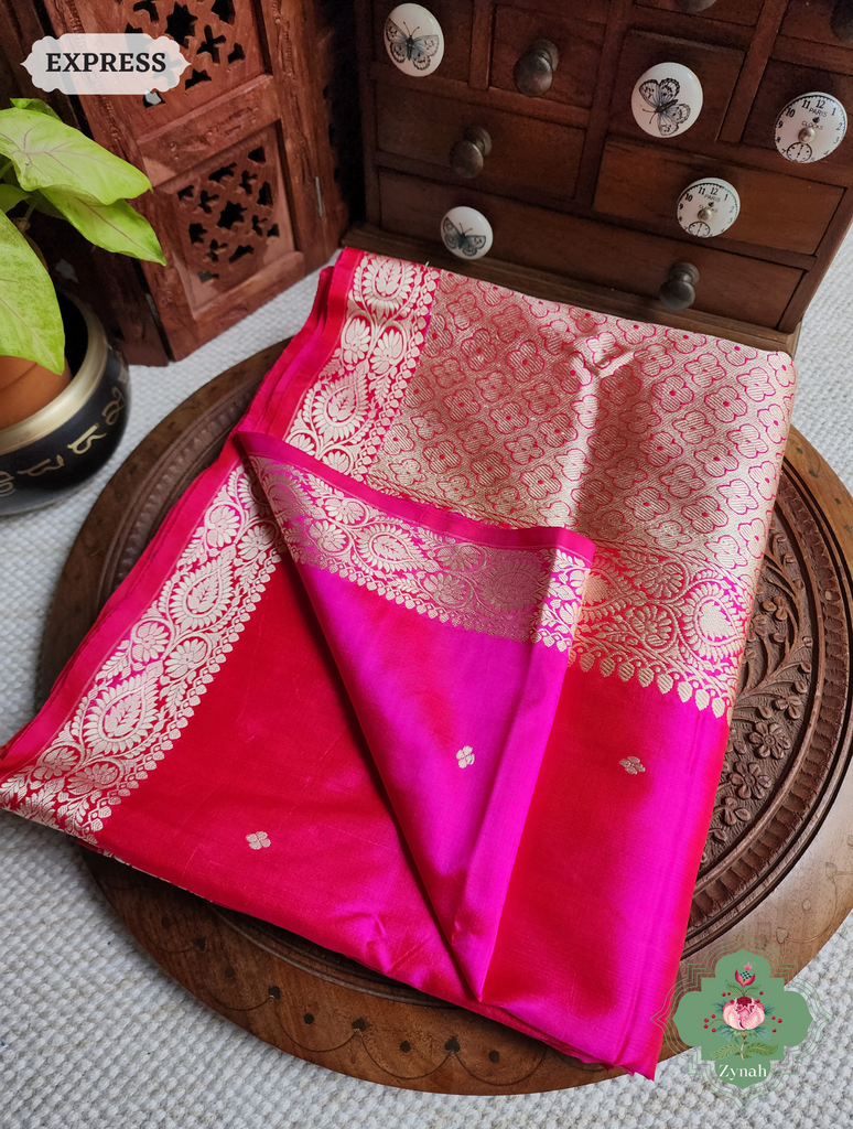 Zynah Pink Pure Banarasi Katan Silk Saree With Delicate Butis; Custom Stitched/Ready-made Blouse, Fall, Petticoat; SKU: 1507202303