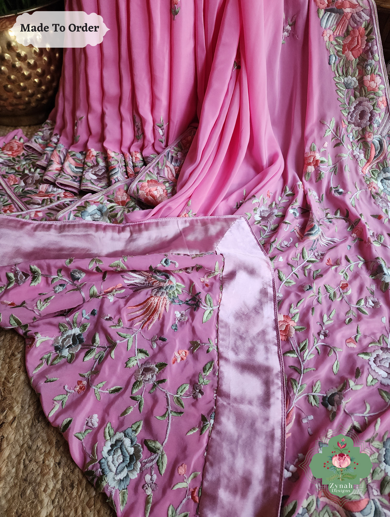 Zynah Made To Order Pink Pure Crepe Silk Hand Embroidered Authentic Parsi Gara Saree; Custom Stitched/Ready-made Blouse, Fall, Petticoat; SKU: 1109202503