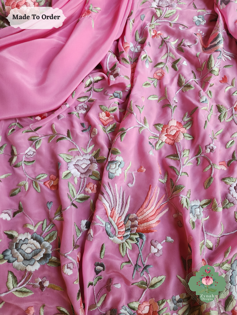 Zynah Made To Order Pink Pure Crepe Silk Hand Embroidered Authentic Parsi Gara Saree; Custom Stitched/Ready-made Blouse, Fall, Petticoat; SKU: 1109202503