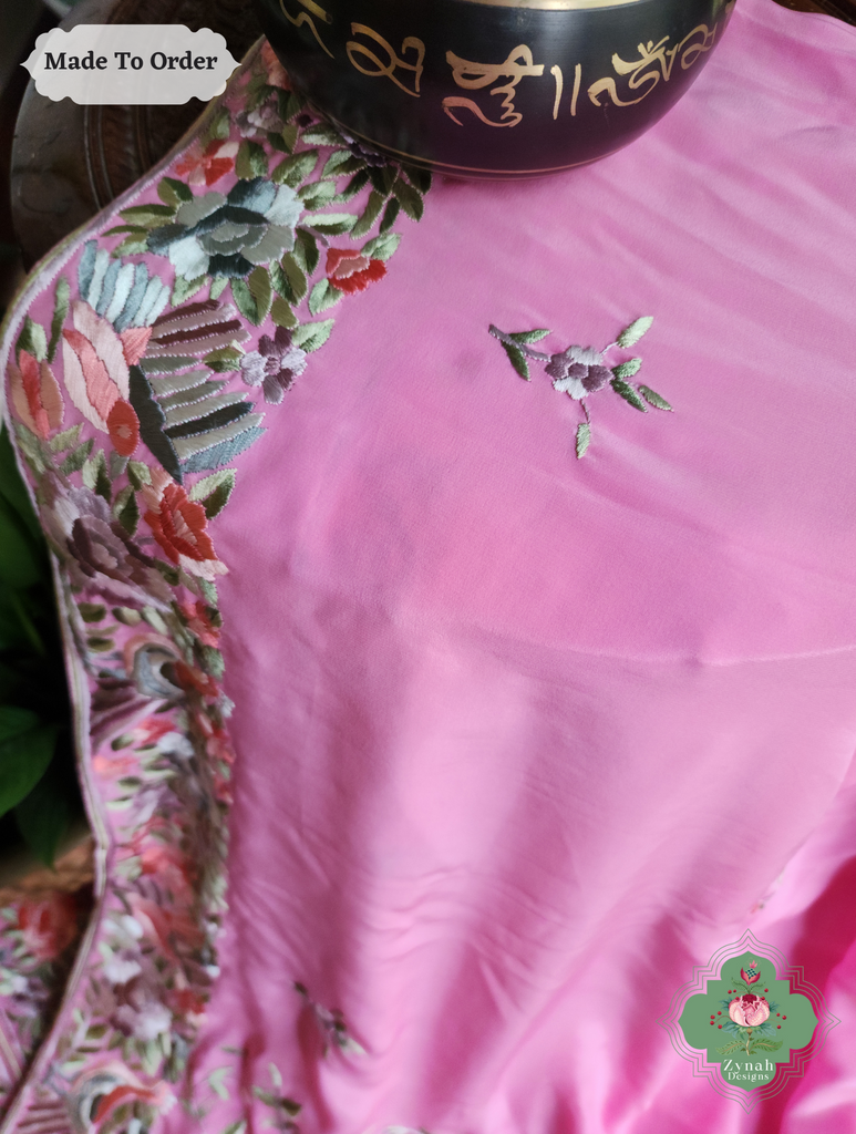 Zynah Made To Order Pink Pure Crepe Silk Hand Embroidered Authentic Parsi Gara Saree; Custom Stitched/Ready-made Blouse, Fall, Petticoat; SKU: 1109202503