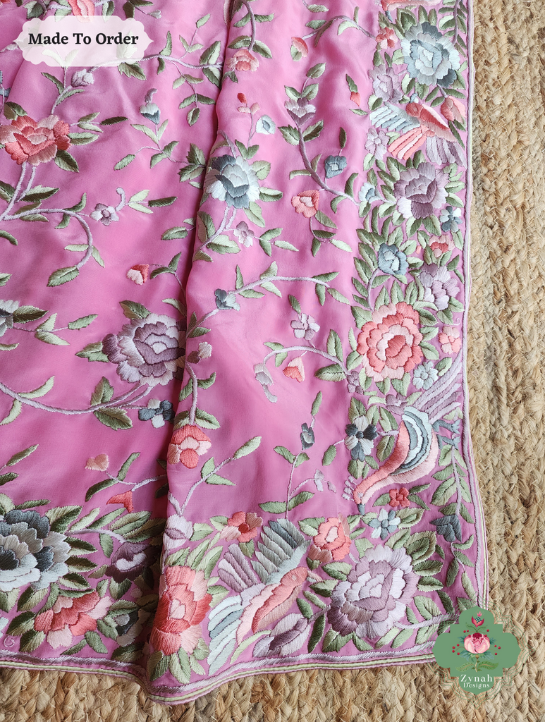 Zynah Made To Order Pink Pure Crepe Silk Hand Embroidered Authentic Parsi Gara Saree; Custom Stitched/Ready-made Blouse, Fall, Petticoat; SKU: 1109202503