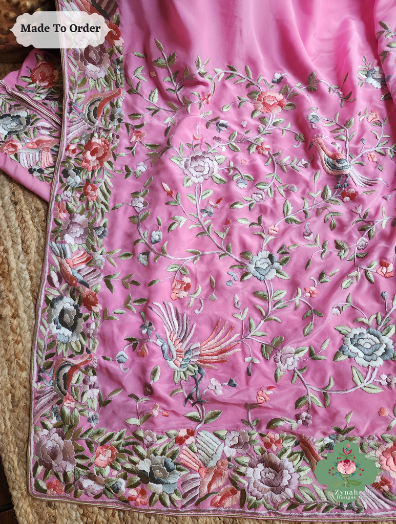 Zynah Made To Order Pink Pure Crepe Silk Hand Embroidered Authentic Parsi Gara Saree; Custom Stitched/Ready-made Blouse, Fall, Petticoat; SKU: 1109202503