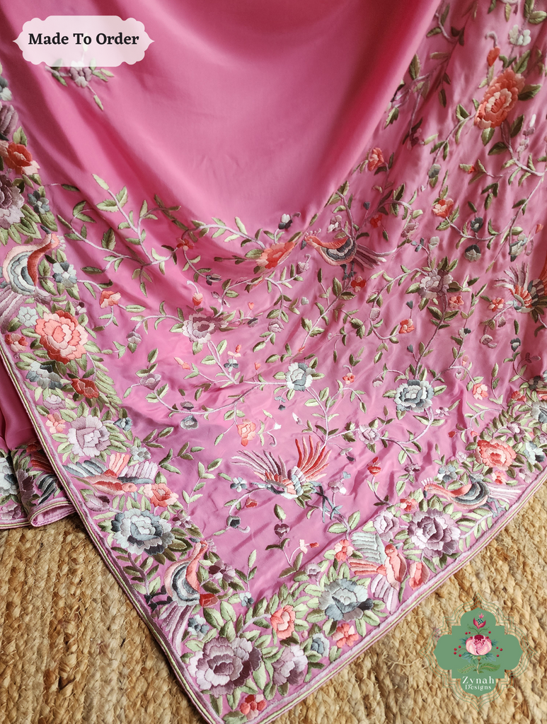 Zynah Made To Order Pink Pure Crepe Silk Hand Embroidered Authentic Parsi Gara Saree; Custom Stitched/Ready-made Blouse, Fall, Petticoat; SKU: 1109202503