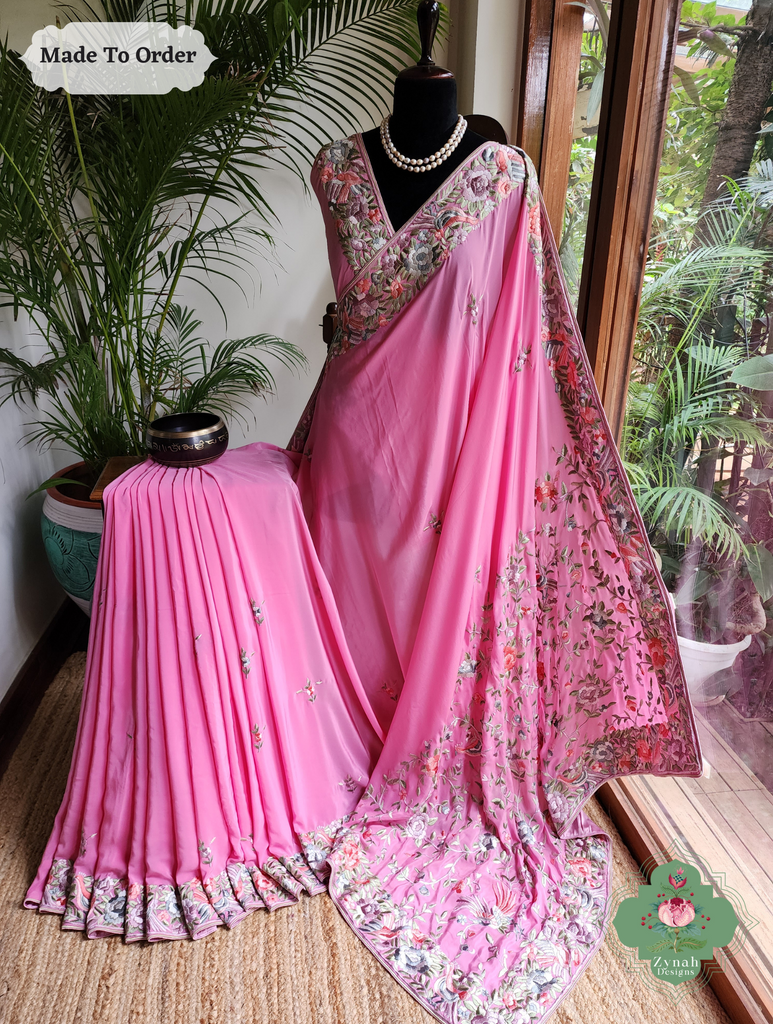 Zynah Made To Order Pink Pure Crepe Silk Hand Embroidered Authentic Parsi Gara Saree; Custom Stitched/Ready-made Blouse, Fall, Petticoat; SKU: 1109202503