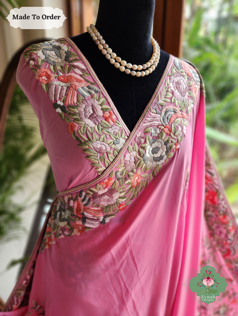 Zynah Made To Order Pink Pure Crepe Silk Hand Embroidered Authentic Parsi Gara Saree; Custom Stitched/Ready-made Blouse, Fall, Petticoat; SKU: 1109202503