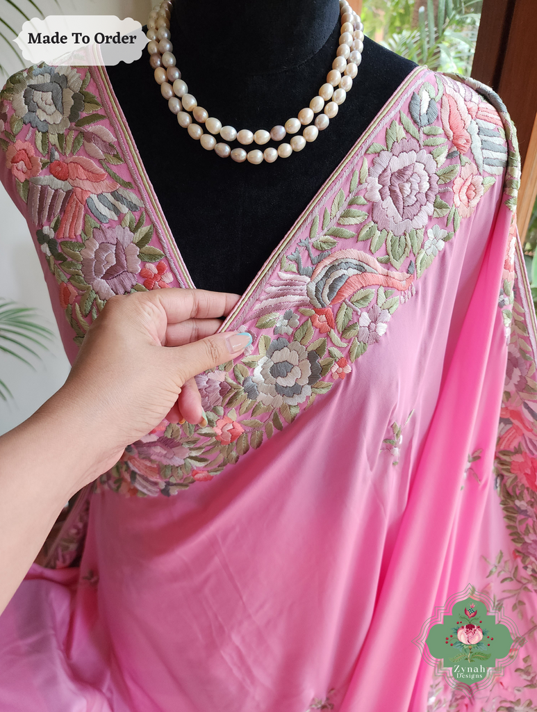 Zynah Made To Order Pink Pure Crepe Silk Hand Embroidered Authentic Parsi Gara Saree; Custom Stitched/Ready-made Blouse, Fall, Petticoat; SKU: 1109202503