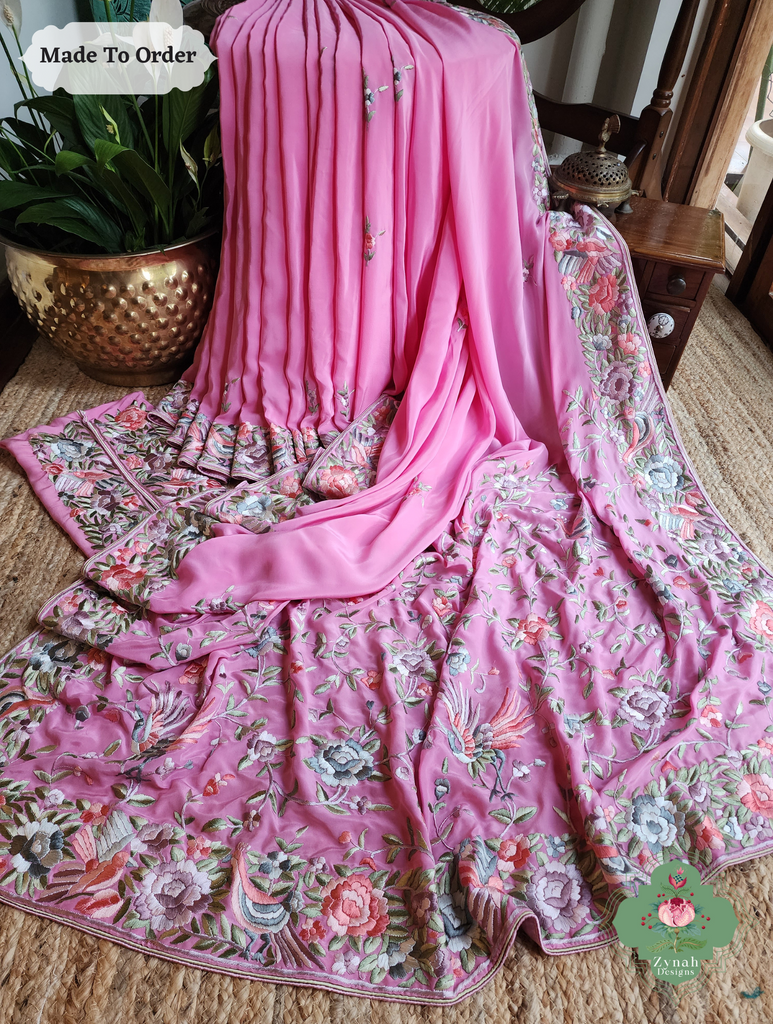 Zynah Made To Order Pink Pure Crepe Silk Hand Embroidered Authentic Parsi Gara Saree; Custom Stitched/Ready-made Blouse, Fall, Petticoat; SKU: 1109202503