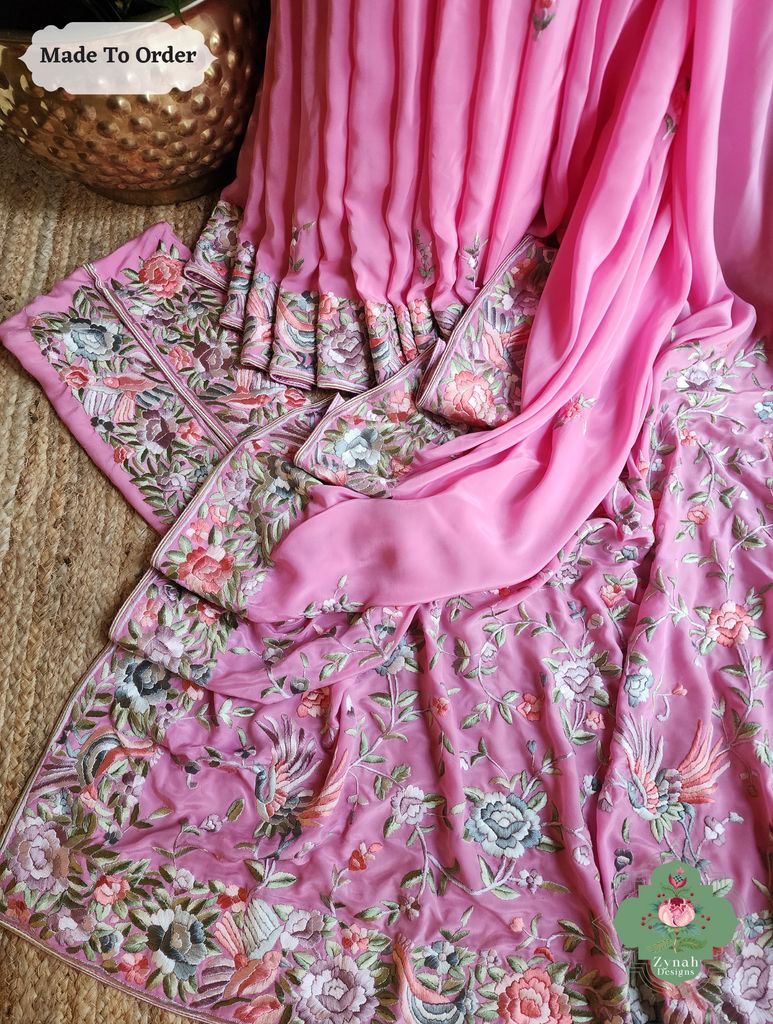Zynah Made To Order Pink Pure Crepe Silk Hand Embroidered Authentic Parsi Gara Saree; Custom Stitched/Ready-made Blouse, Fall, Petticoat; SKU: 1109202503