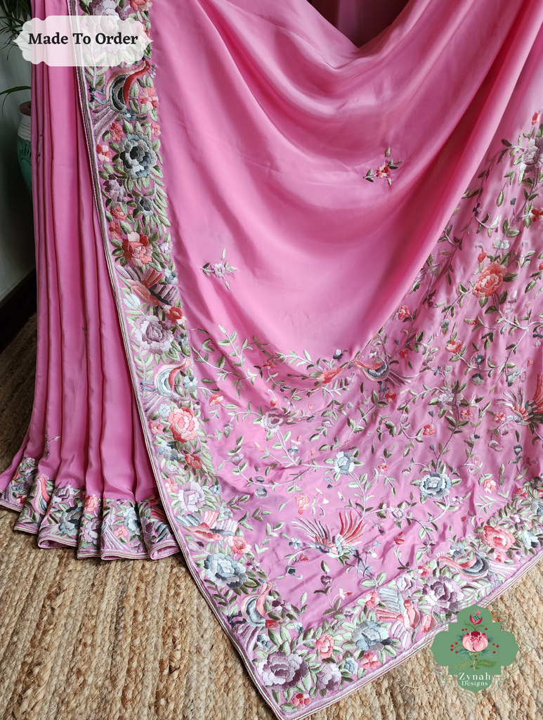 Zynah Made To Order Pink Pure Crepe Silk Hand Embroidered Authentic Parsi Gara Saree; Custom Stitched/Ready-made Blouse, Fall, Petticoat; SKU: 1109202503
