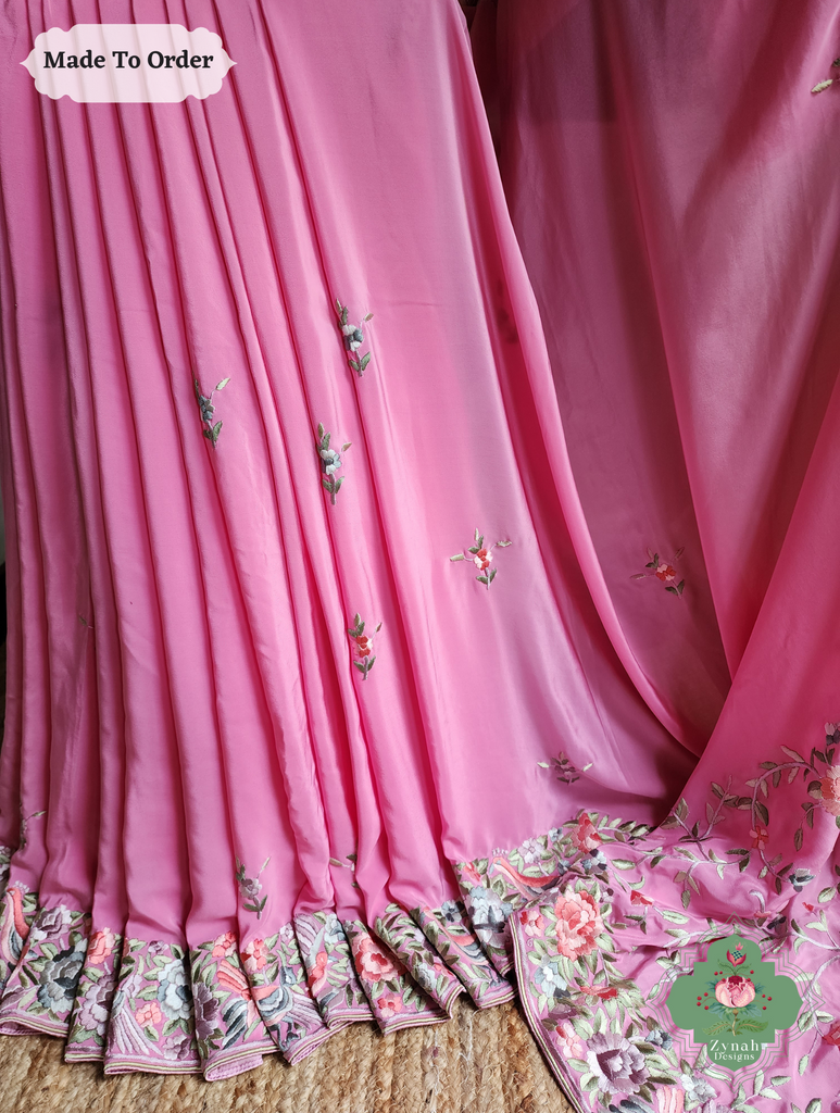 Zynah Made To Order Pink Pure Crepe Silk Hand Embroidered Authentic Parsi Gara Saree; Custom Stitched/Ready-made Blouse, Fall, Petticoat; SKU: 1109202503