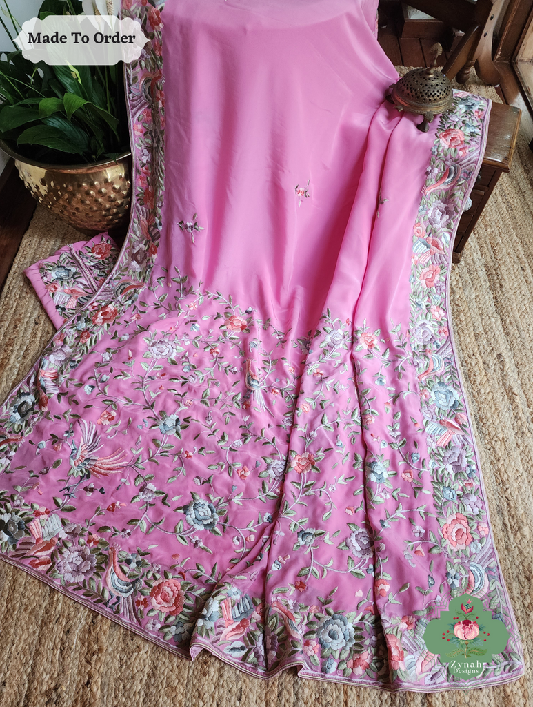 Zynah Made To Order Pink Pure Crepe Silk Hand Embroidered Authentic Parsi Gara Saree; Custom Stitched/Ready-made Blouse, Fall, Petticoat; SKU: 1109202503