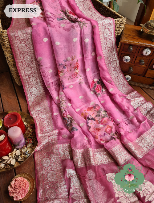 Zynah Pink Pure Khaddi Georgette Floral Banarasi Saree With Silver Zari; Custom Stitched/Ready-made Blouse, Fall, Petticoat; SKU: 2804202306