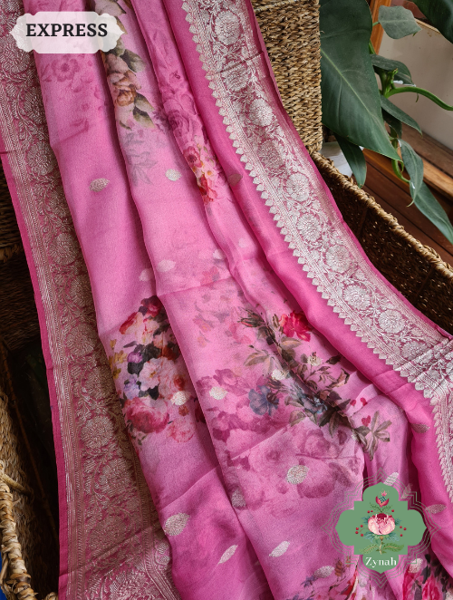 Zynah Pink Pure Khaddi Georgette Floral Banarasi Saree With Silver Zari; Custom Stitched/Ready-made Blouse, Fall, Petticoat; SKU: 2804202306