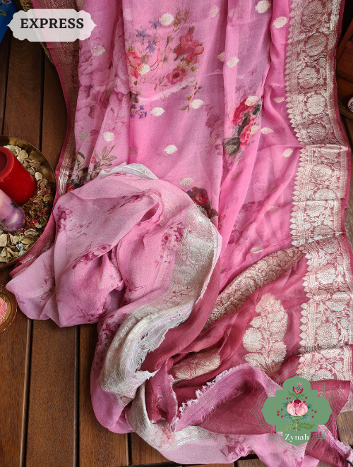 Zynah Pink Pure Khaddi Georgette Floral Banarasi Saree With Silver Zari; Custom Stitched/Ready-made Blouse, Fall, Petticoat; SKU: 2804202306