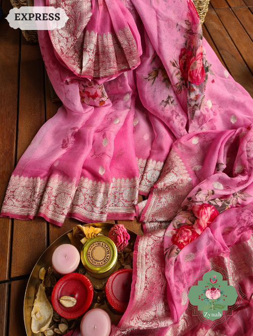 Zynah Pink Pure Khaddi Georgette Floral Banarasi Saree With Silver Zari; Custom Stitched/Ready-made Blouse, Fall, Petticoat; SKU: 2804202306