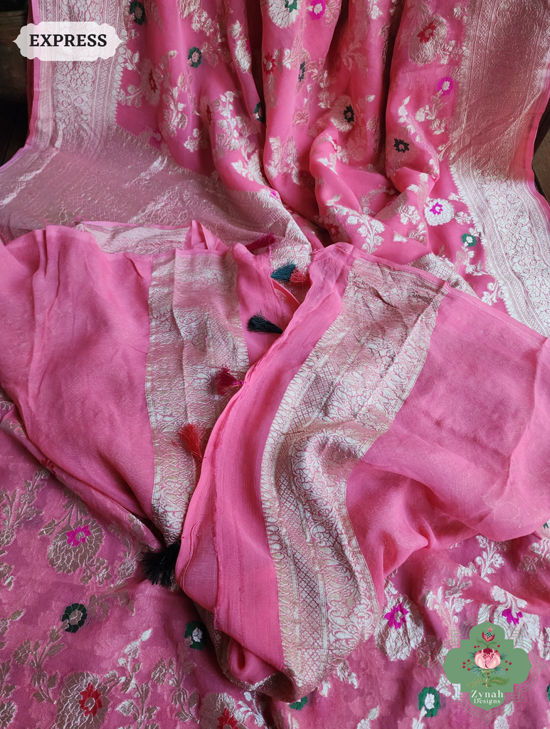 Zynah Pink Pure Khaddi Georgette Banarasi Saree With Meena Work & Zari Woven Border & Pallu; Custom Stitched/Ready-made Blouse, Fall, Petticoat; SKU: 1806202501