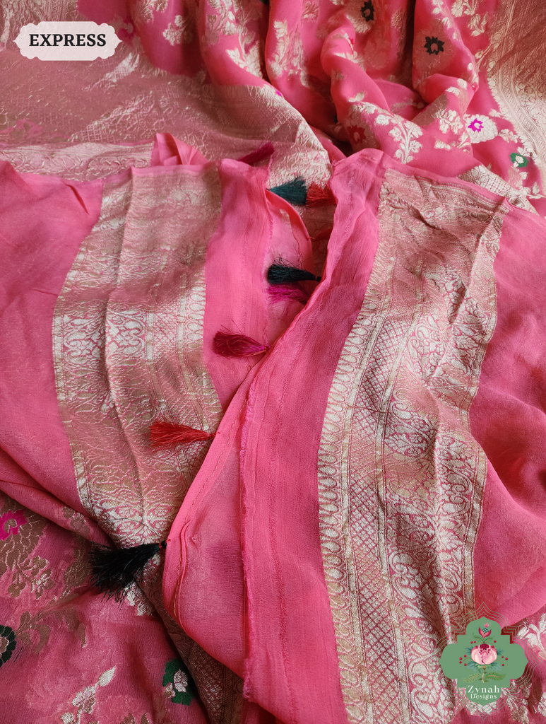 Zynah Pink Pure Khaddi Georgette Banarasi Saree With Meena Work & Zari Woven Border & Pallu; Custom Stitched/Ready-made Blouse, Fall, Petticoat; SKU: 1806202501